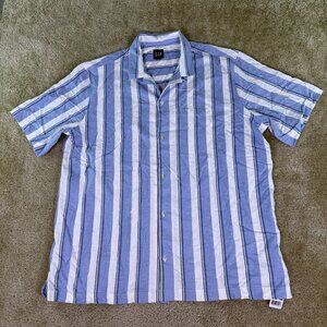 Gap Linen Blend Shirt Womens Size XL Blue Striped Button Short Sleeve NWT E858